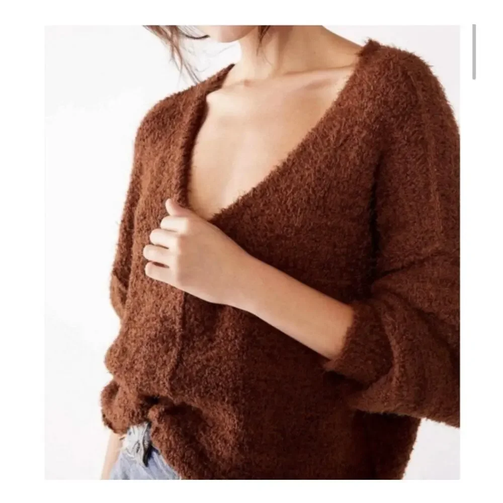 Free People Icing V-Neck Sweater Mocha Brown Size XS Fuzzy Oversized Soft